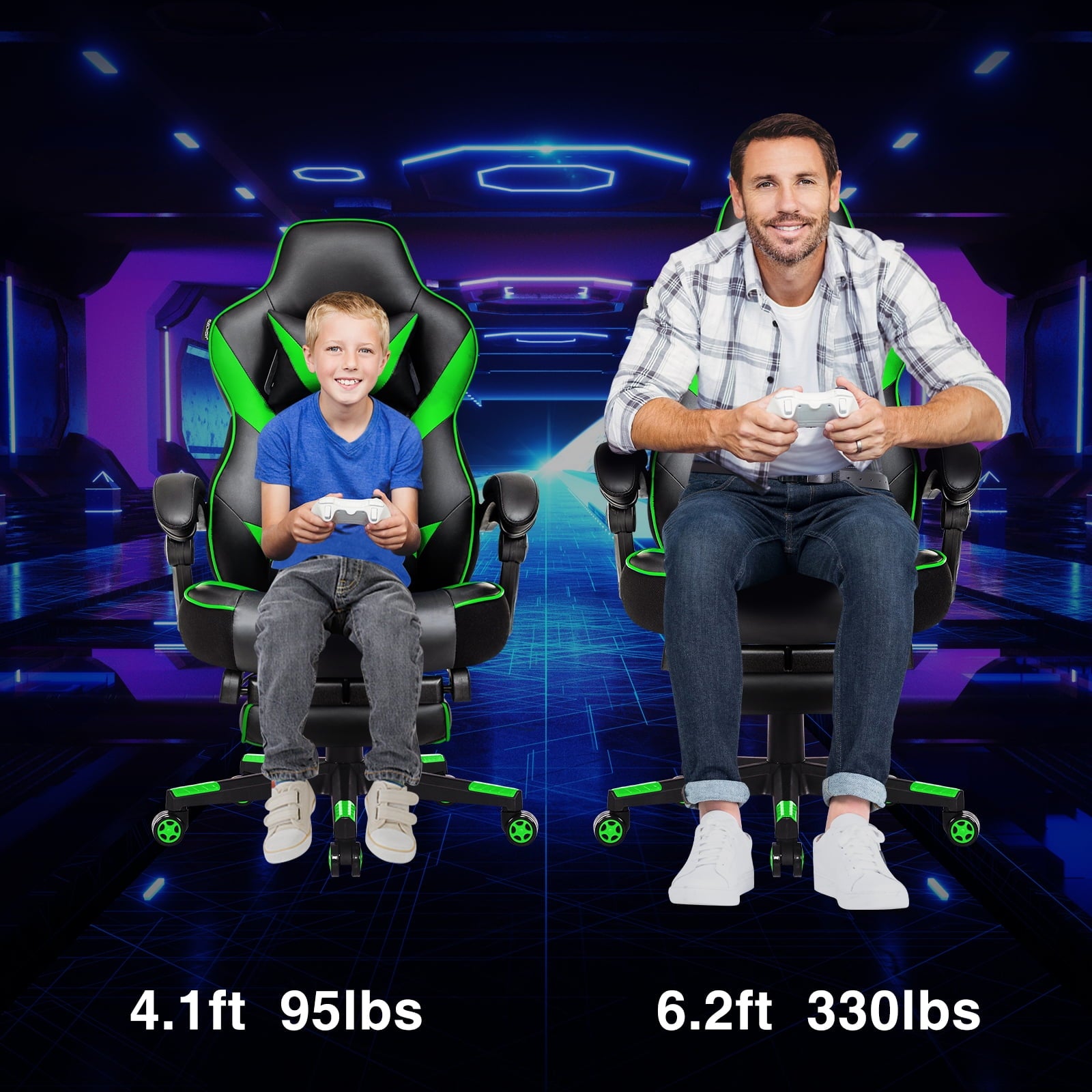 PULUOMIS Gaming Chair with Footrest Ergonomic Office Chair with Arms for Adults Kids, Green