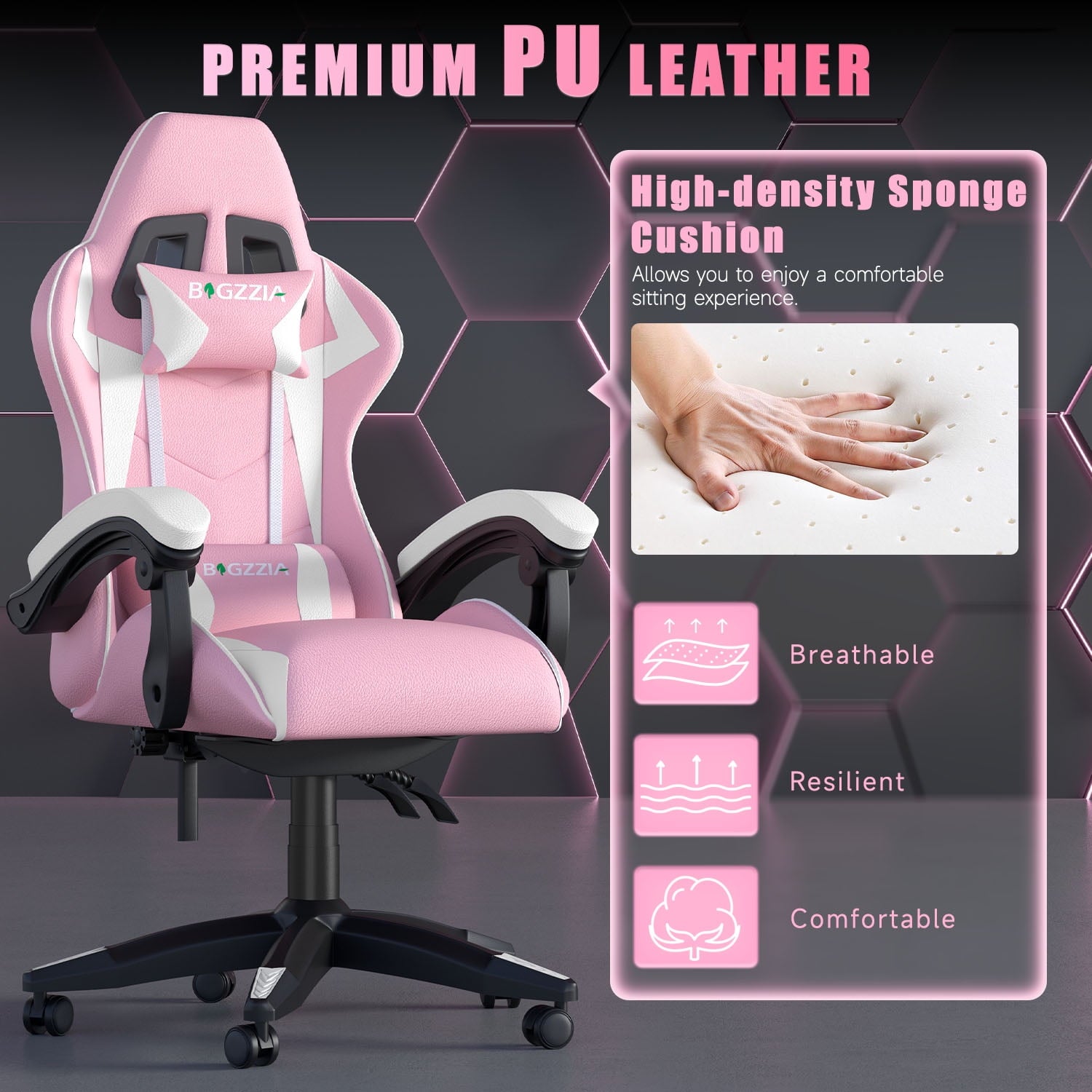 Bigzzia High-Back Gaming Chair Computer Racing Chair with Headrest and Lumbar Support for Back Pain, Pink