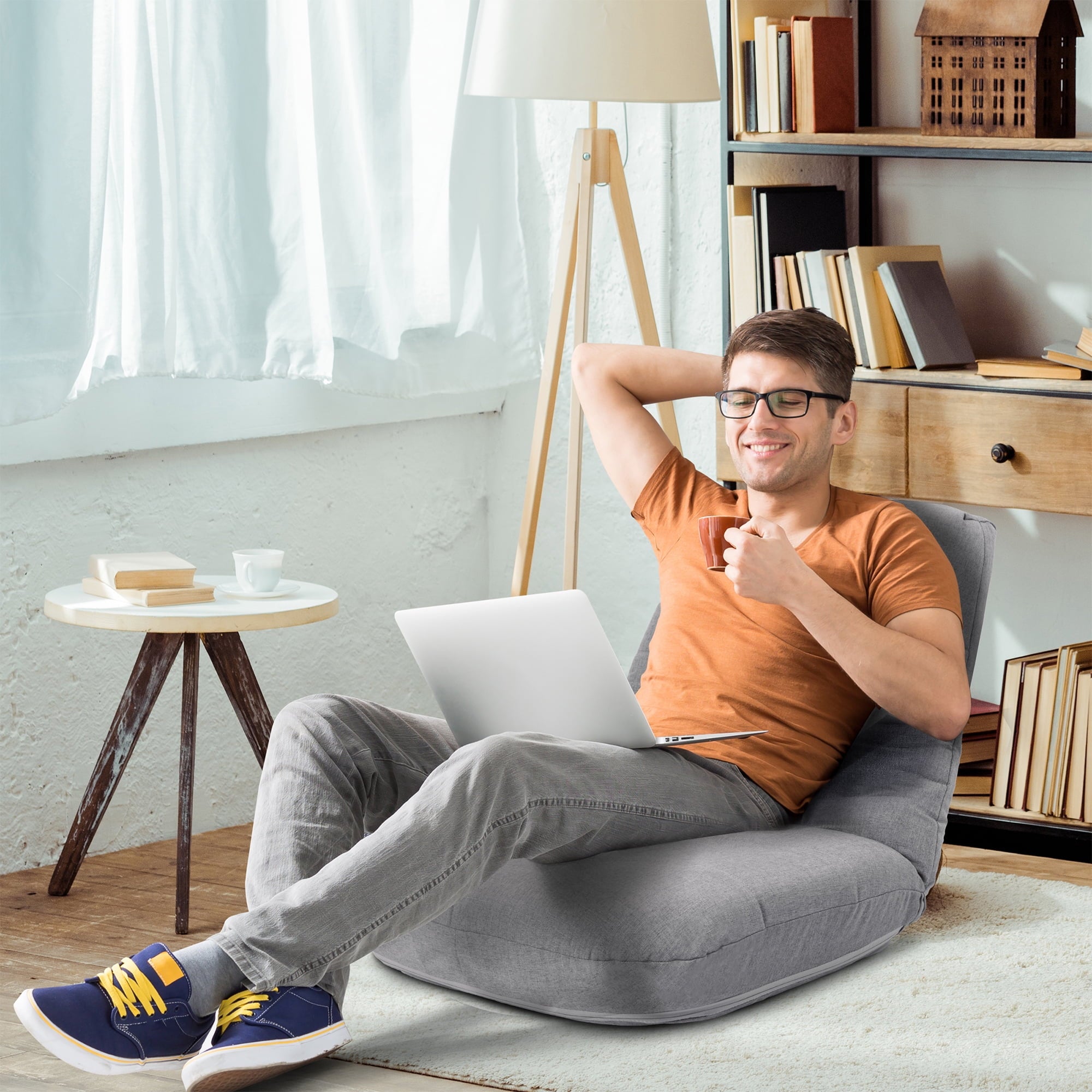 Crestlive Products Folding Floor Chair Adjustable Linen Cover Padded Gaming Chair,Gray