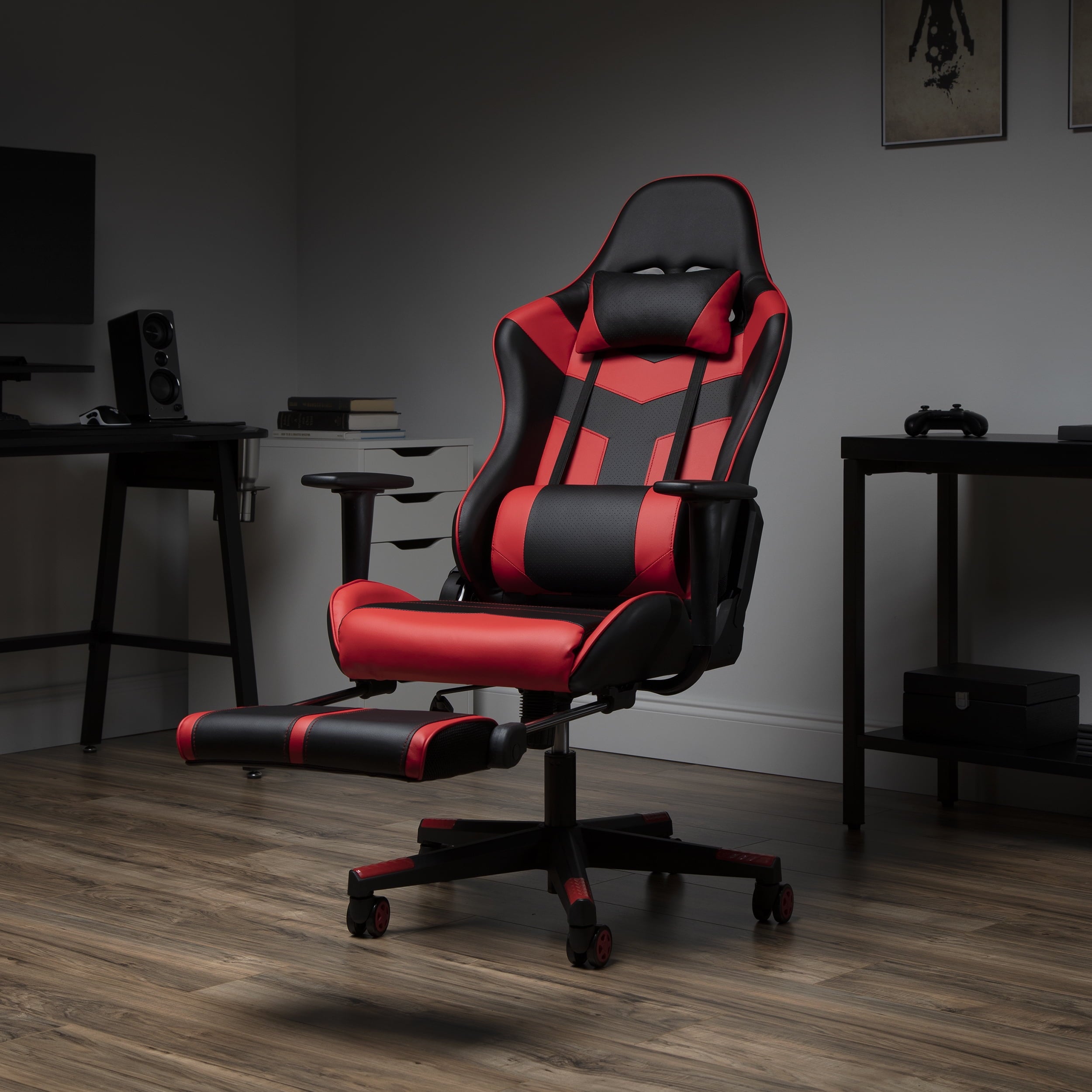 OFM Essentials Collection High Back PU Leather Gaming Chair, with Extendable Footrest, in Red (ESS-6075FR-RED)