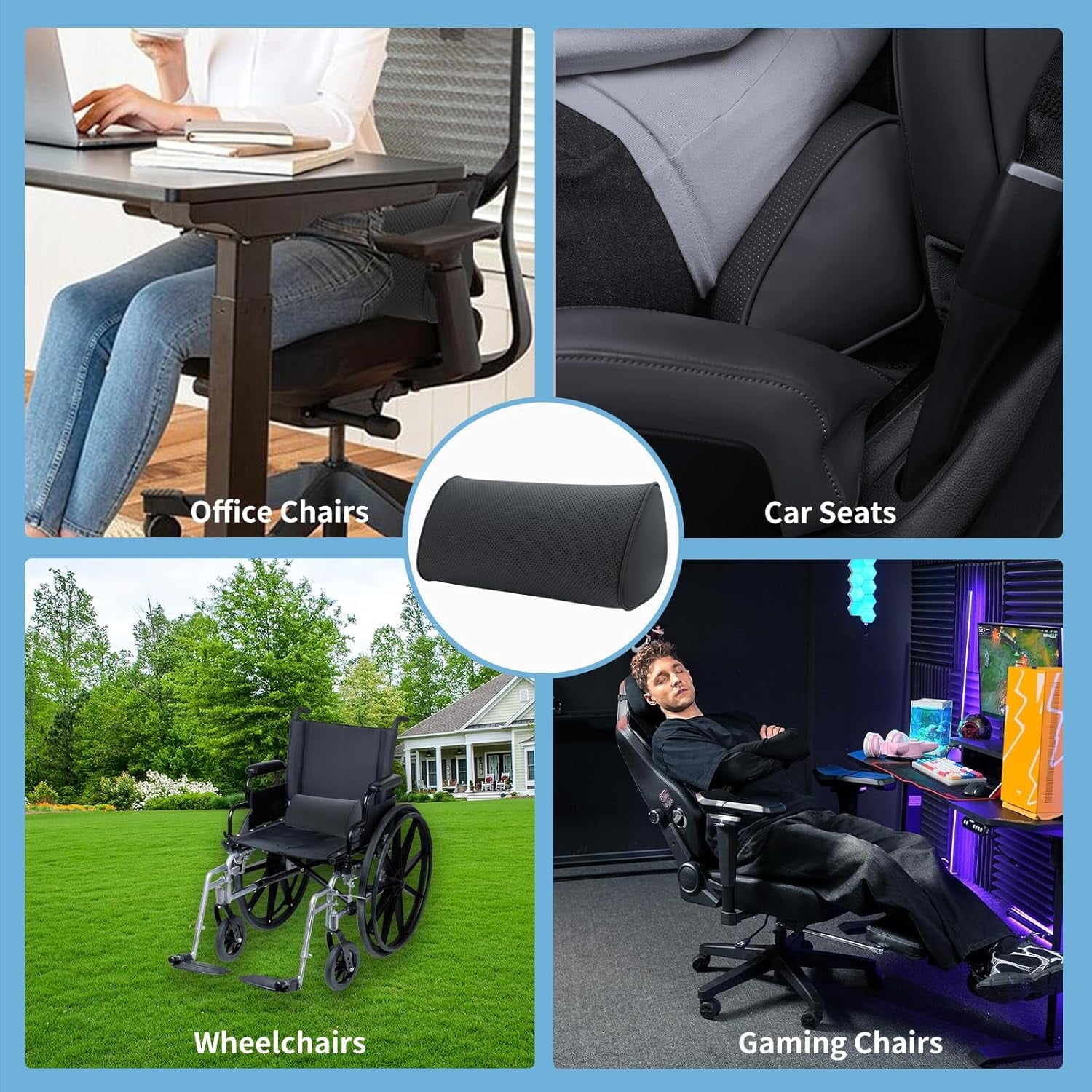 Lumbar Support Pillow for Car Seat and Office Chair, Gaming Chair, Ergonomic Memory Foam Back Cushion Lower Back Pain Relief, Luxury Leather Back Support Pillow, Gray