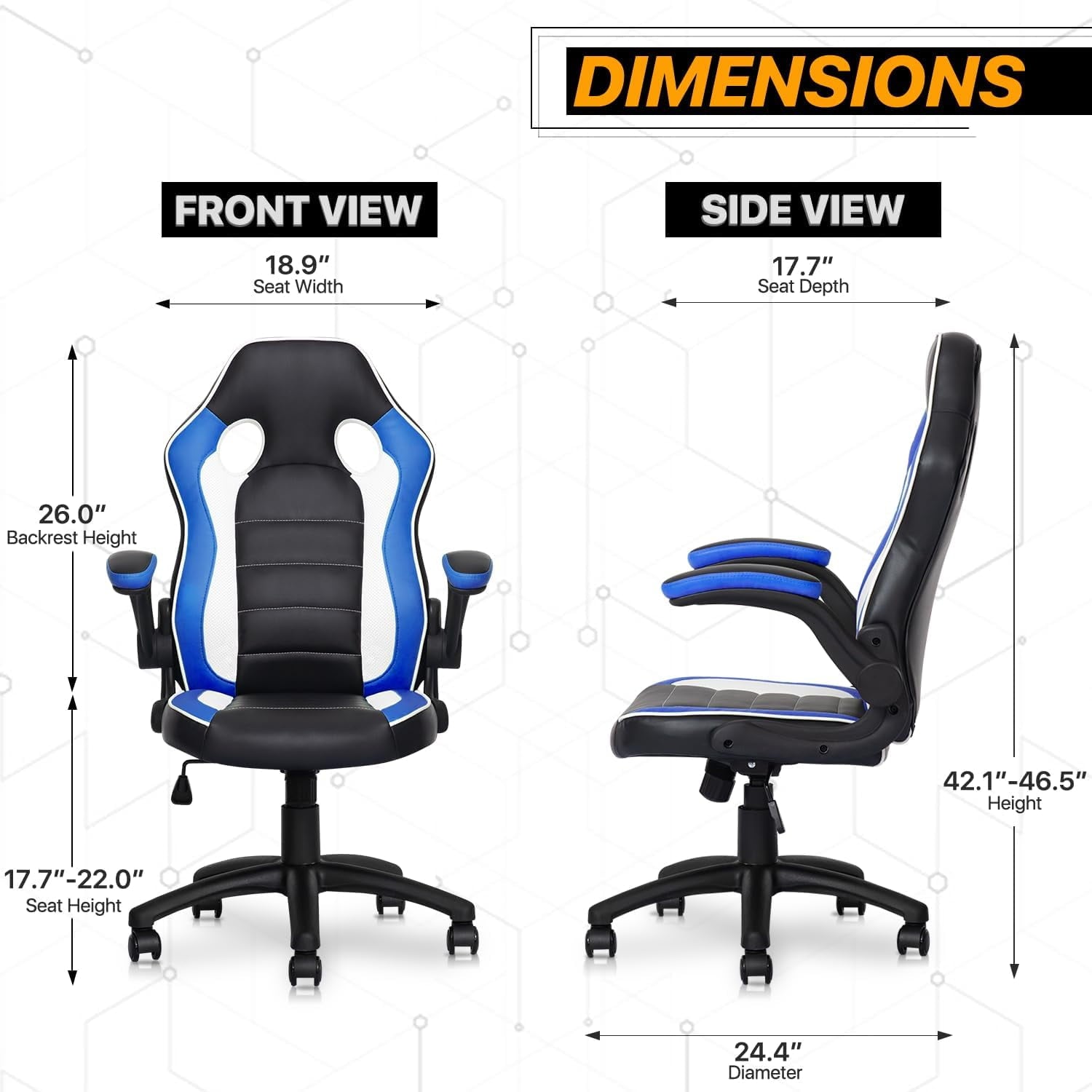 QSHIMY Computer Gaming Chairs Ergonomic Video Game Chair with Padded Flip-up Arms for Men Women Adults Gamer, Blue