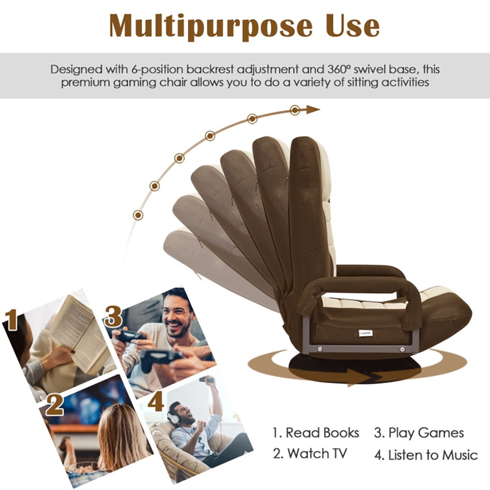 Spaco 360-Degree Swivel Gaming Floor Chair with Foldable Adjustable Backrest-Brown, Gaming Chair 360 Degree Multipurpose Floor Chair Rocker for TV, Readin