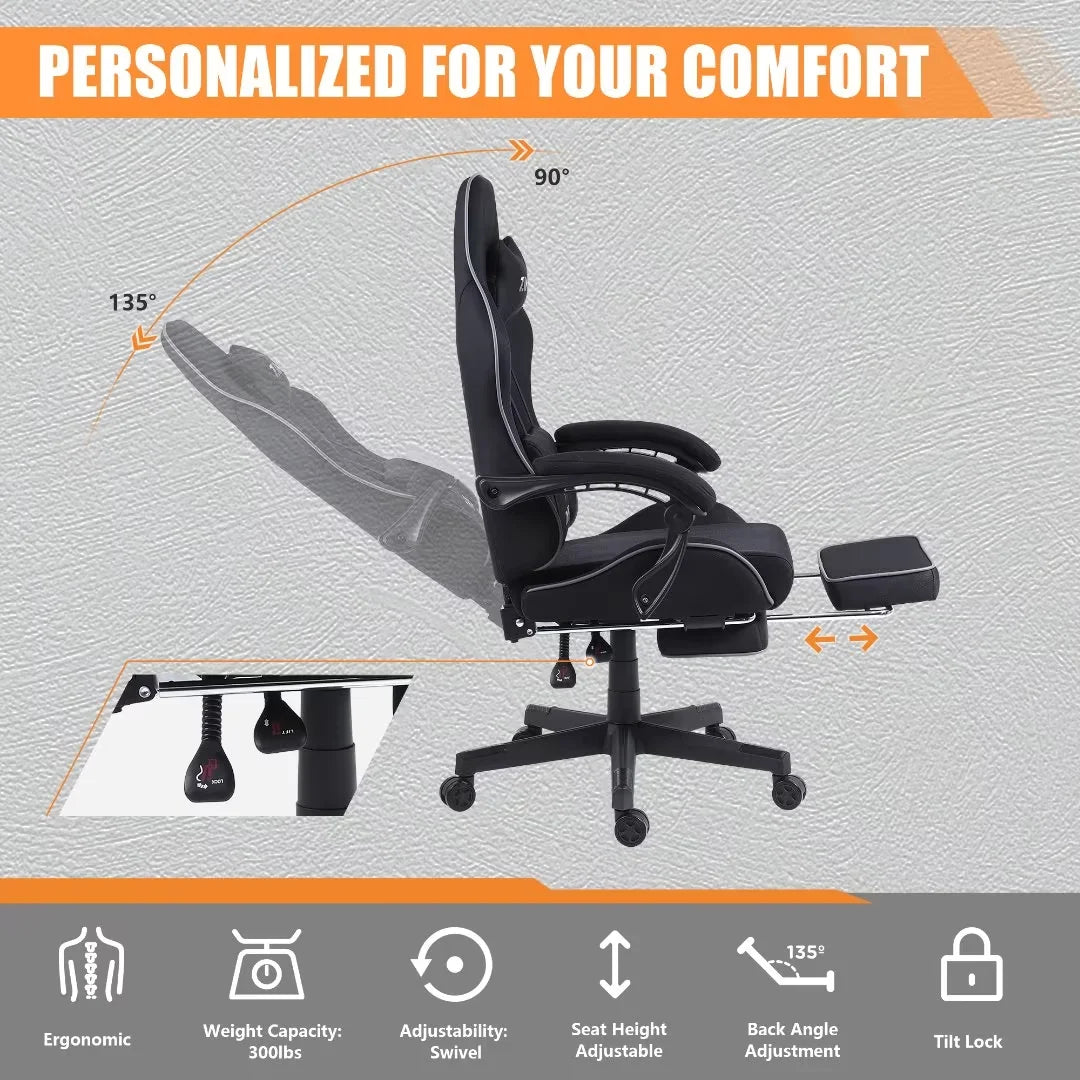 Dowinx Fabric Gaming Chair with Pocket Spring Cushion, Ergonomic Computer Chair with Footrest, Cloth Gamer Chair with Massage Lumbar Support and Headrest, Black