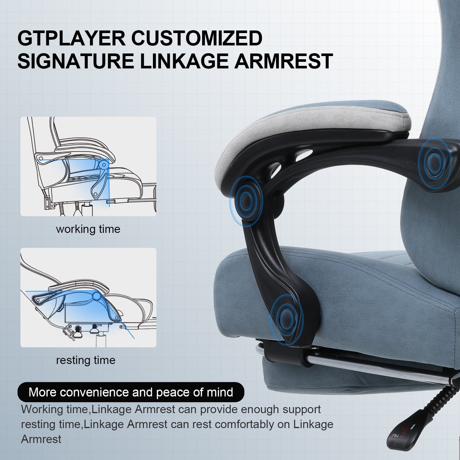 GTPLAYER Ergonomic Pocket Spring Cushion Gaming Chair with Footrest and Linkage Armrests, Light Blue