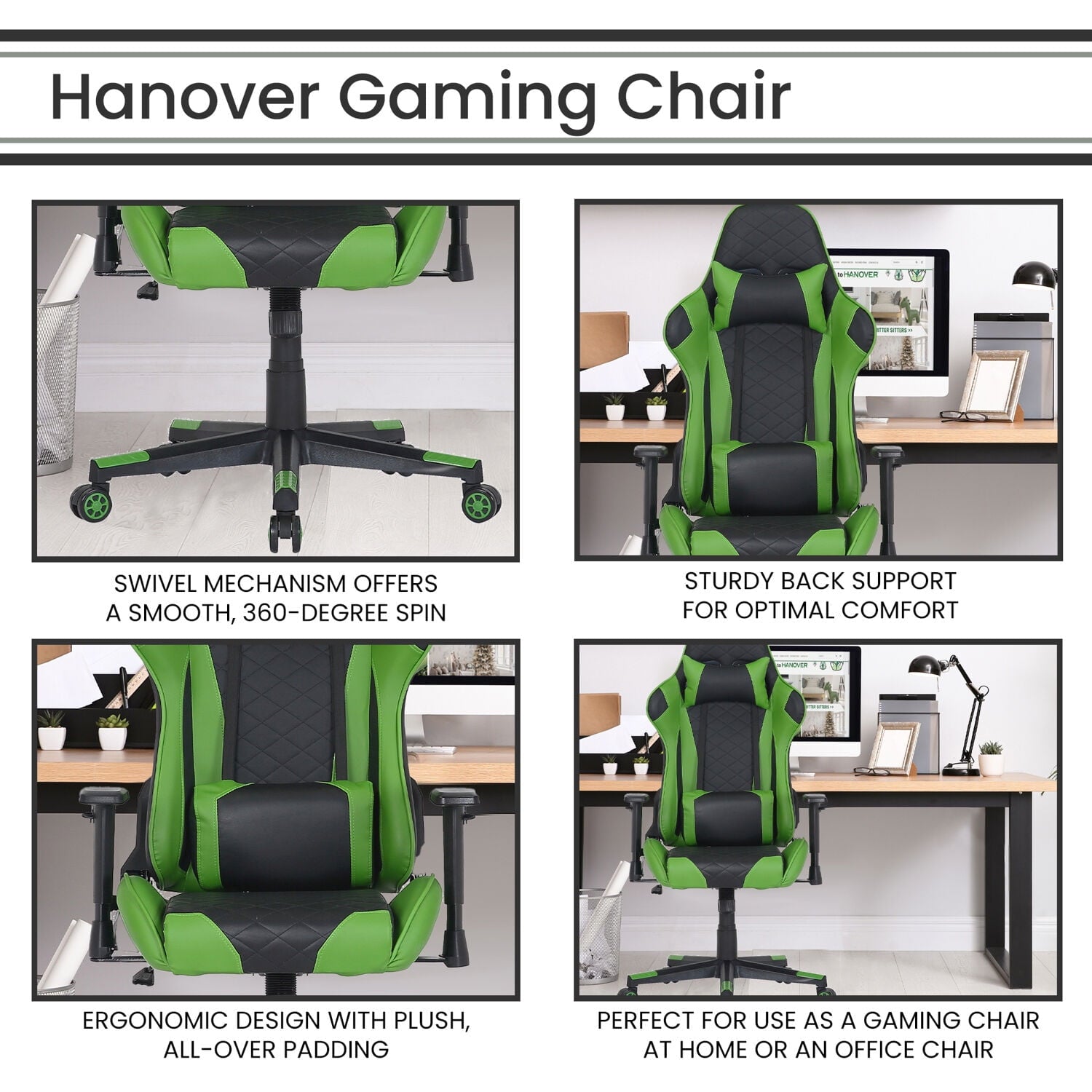 Hanover Commando Green & Black Ergonomic Racer Gaming Chair | Height Adjustable Gas Lift | Tilt Recline | High Quality Padding | HGC0115