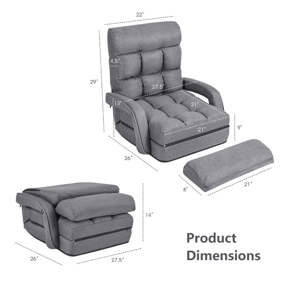 Spaco Folding Lazy Floor Chair Sofa with Armrests and Pillow-Gray, Folding Gaming Chair for Living Room Bedroom
