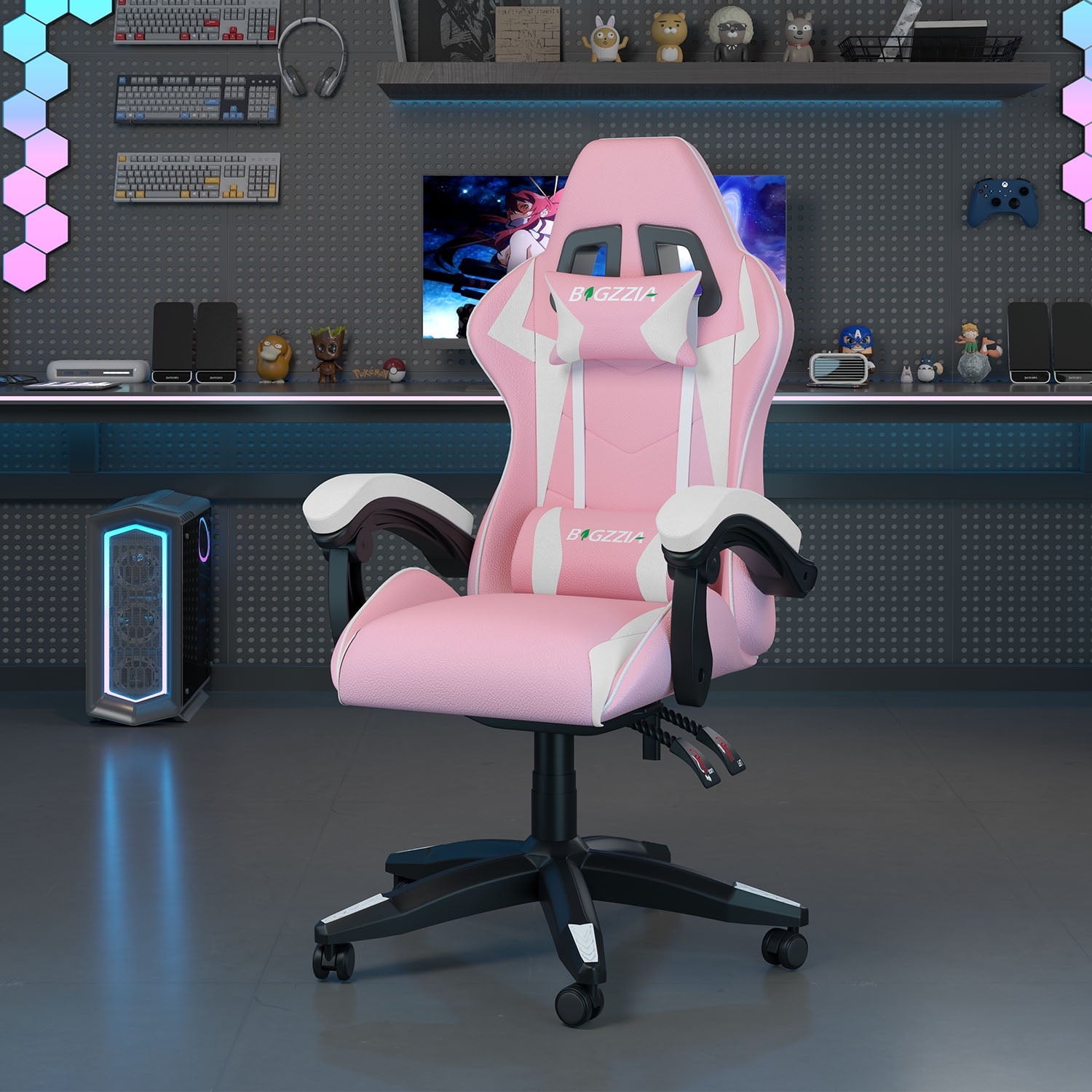 Bigzzia High-Back Gaming Chair Computer Racing Chair with Headrest and Lumbar Support for Back Pain, Pink