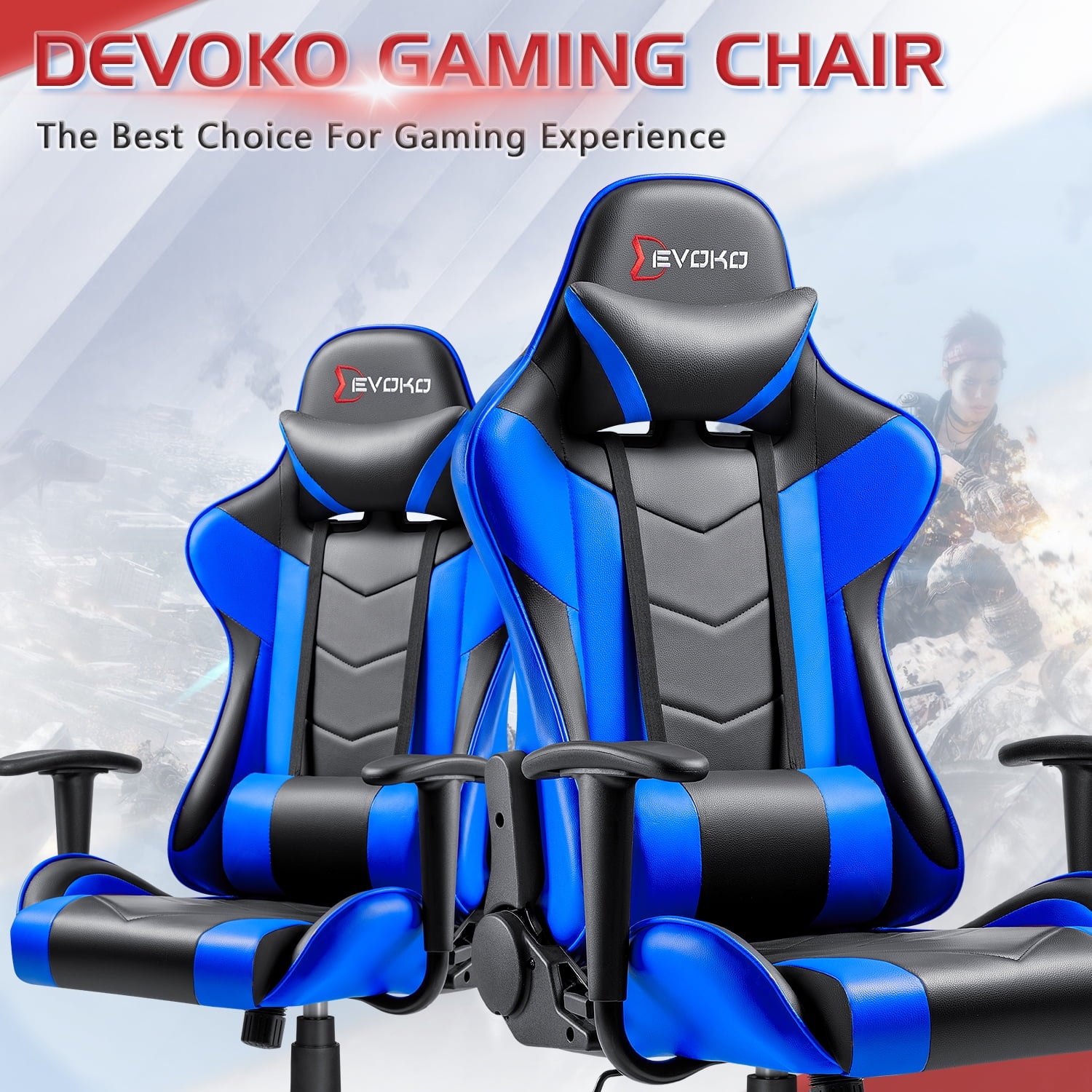 Devoko Gaming Chair High Back Office Chair Racing Style Adjustable Height PC Computer Chair PU Leather, Blue