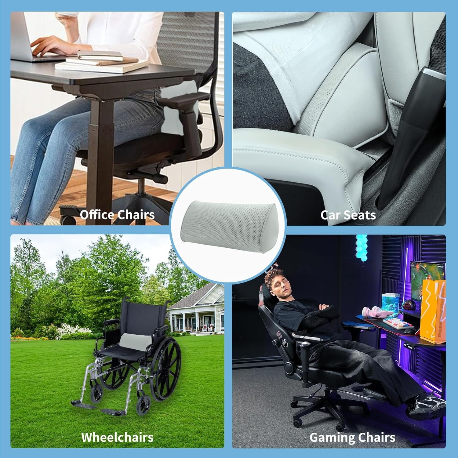 Lumbar Support Pillow for Car Seat and Office Chair, Gaming Chair, Ergonomic Memory Foam Back Cushion Lower Back Pain Relief, Luxury Leather Back Support Pillow, Gray