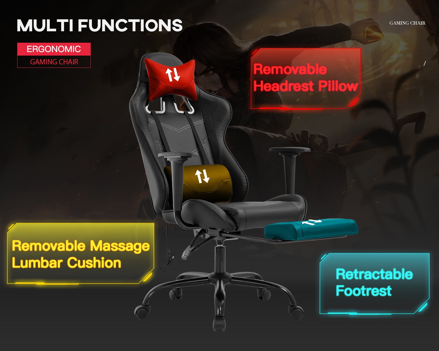 CL.HPAHKL Video Gaming Chair with Footrest & Massage Lumbar Support, Ergonomic Computer Chair Reclining High Back Gamer Chair PC Office Chair for Adults Women Men, Black
